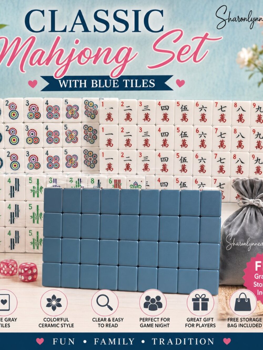 🀄Classic Blue Gray Mahjong Tile Set + FREE Storage Bag | Game Night Gift🀄